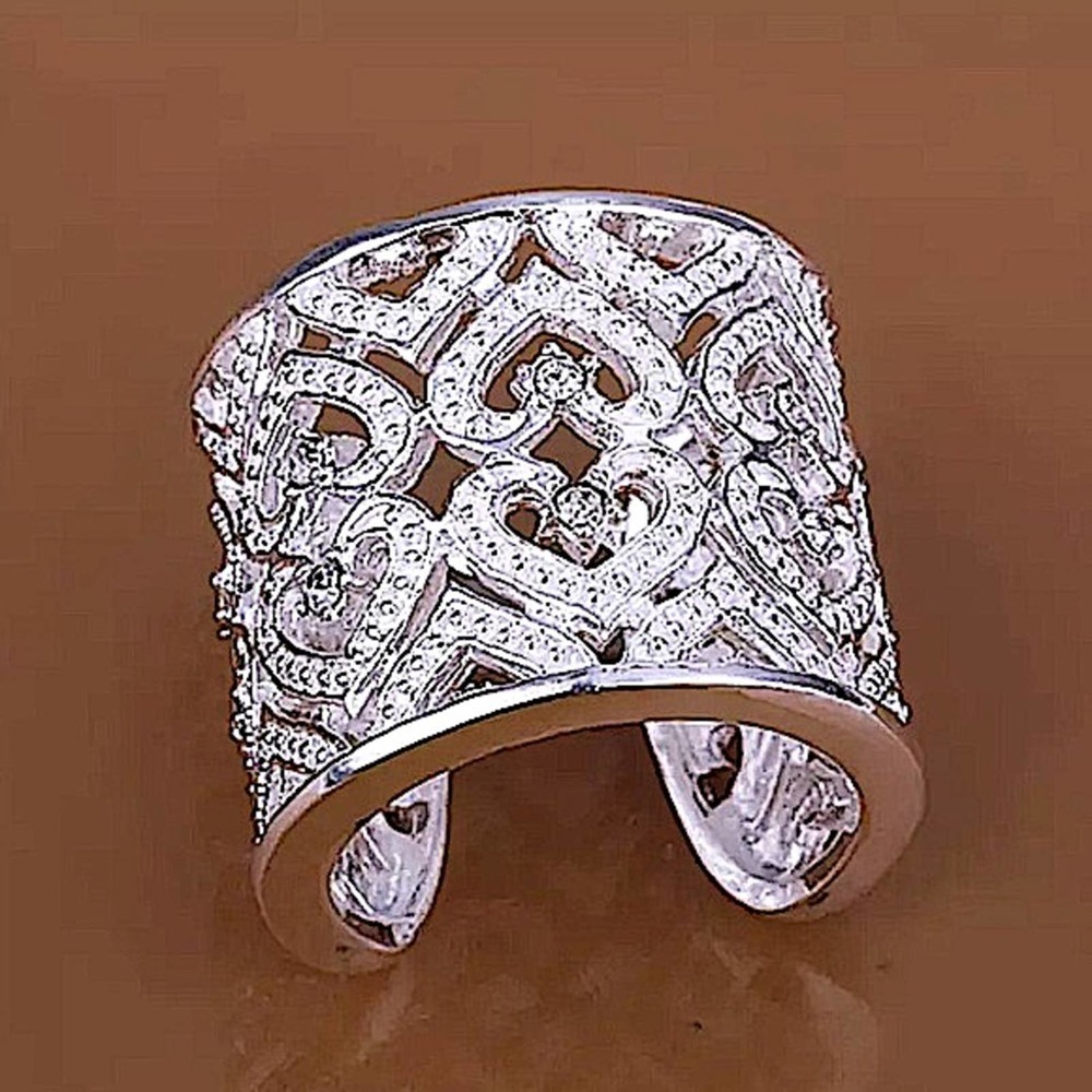 NEW STERLING SILVER WIDE BAND ZIRCONIA HEART CUFF RING - Picture 9 of 12